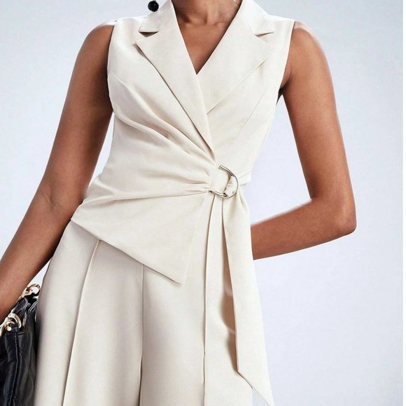 Beige Elegant Womens Lapel Neck Belted Wide Leg Jumpsuit - Picture 7 of 7